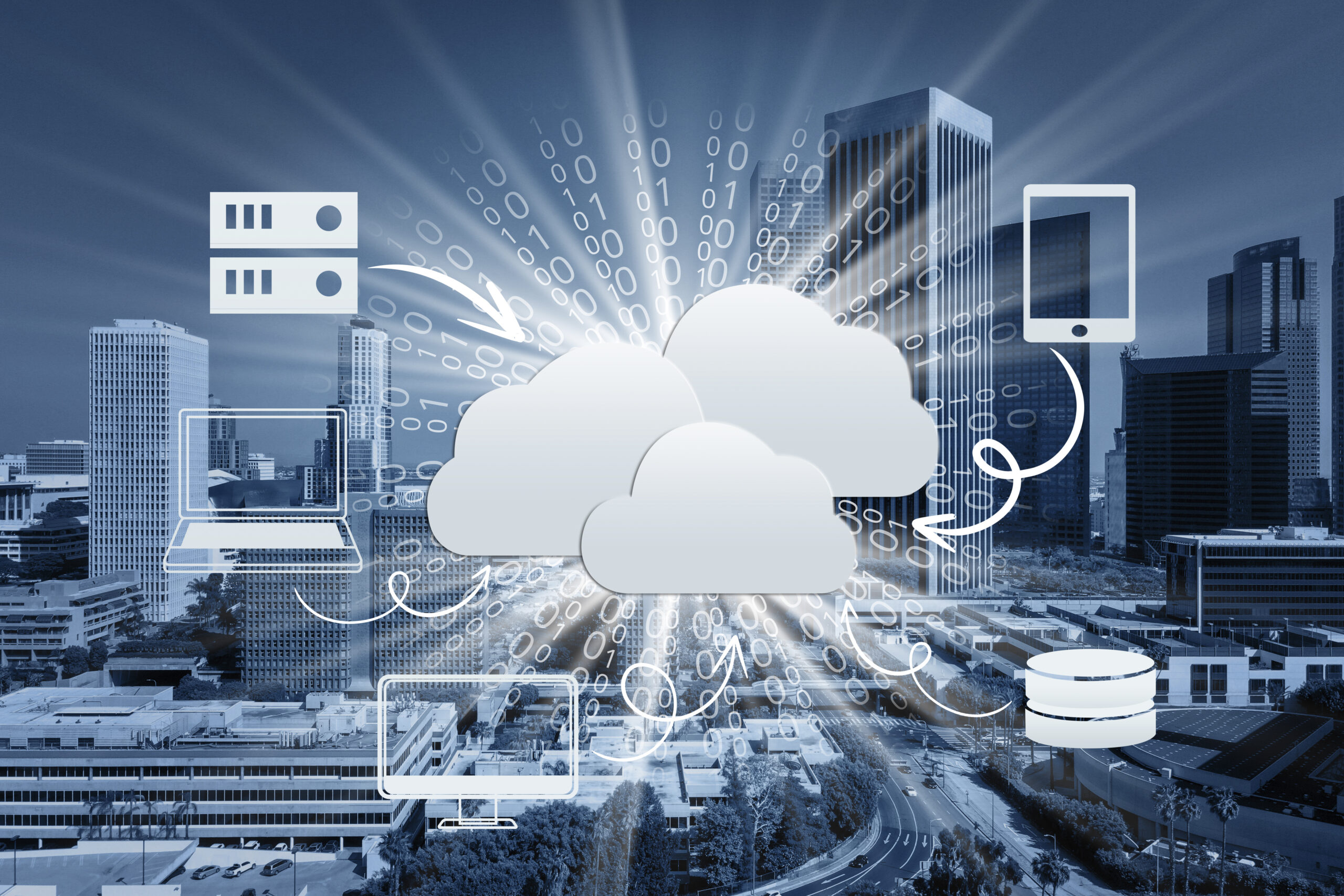 Cloud computing concept with devices connected to a digital cloud.