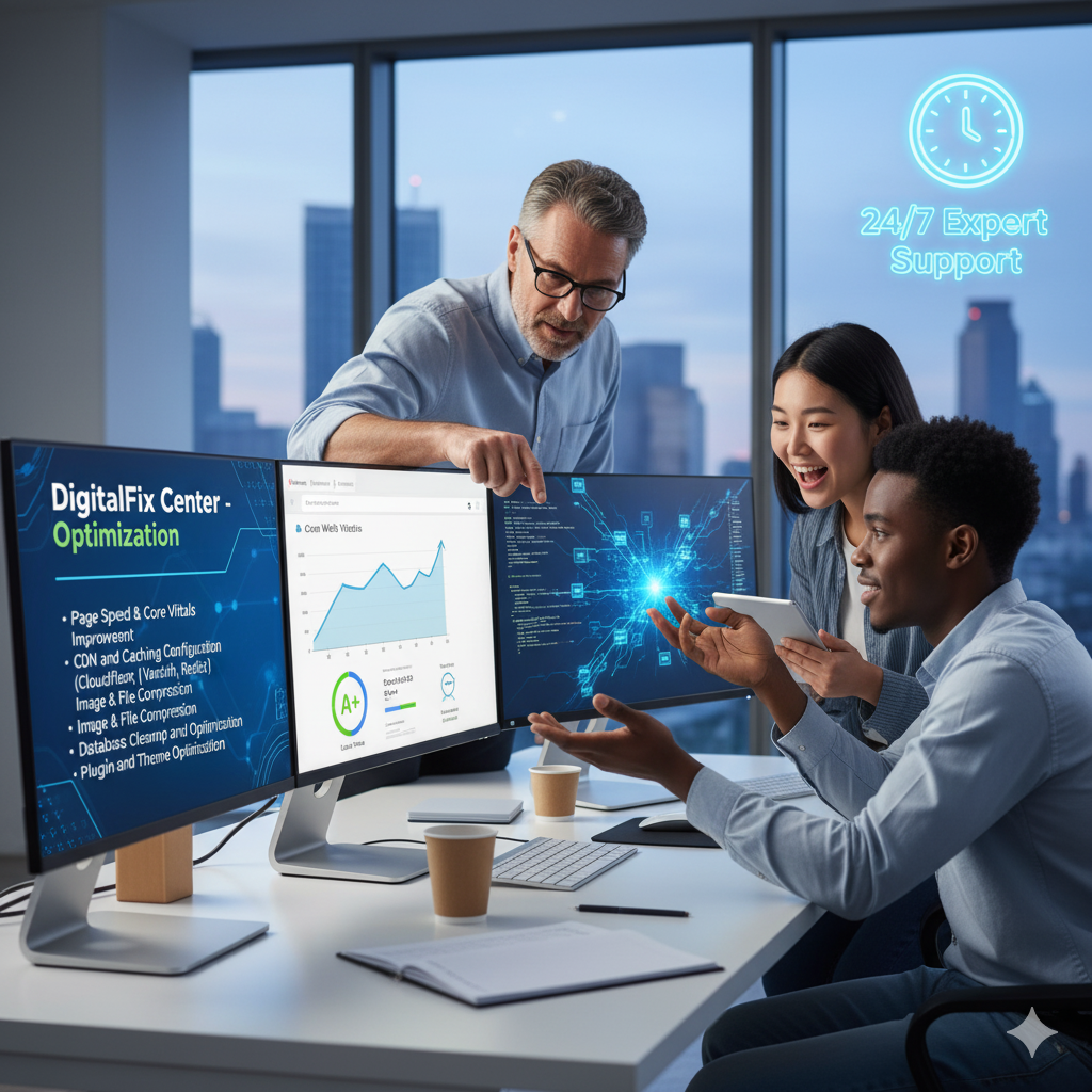 An IT professional is seen optimizing website performance on a large screen displaying speed metrics, code, and optimization tools, representing fast website performance.